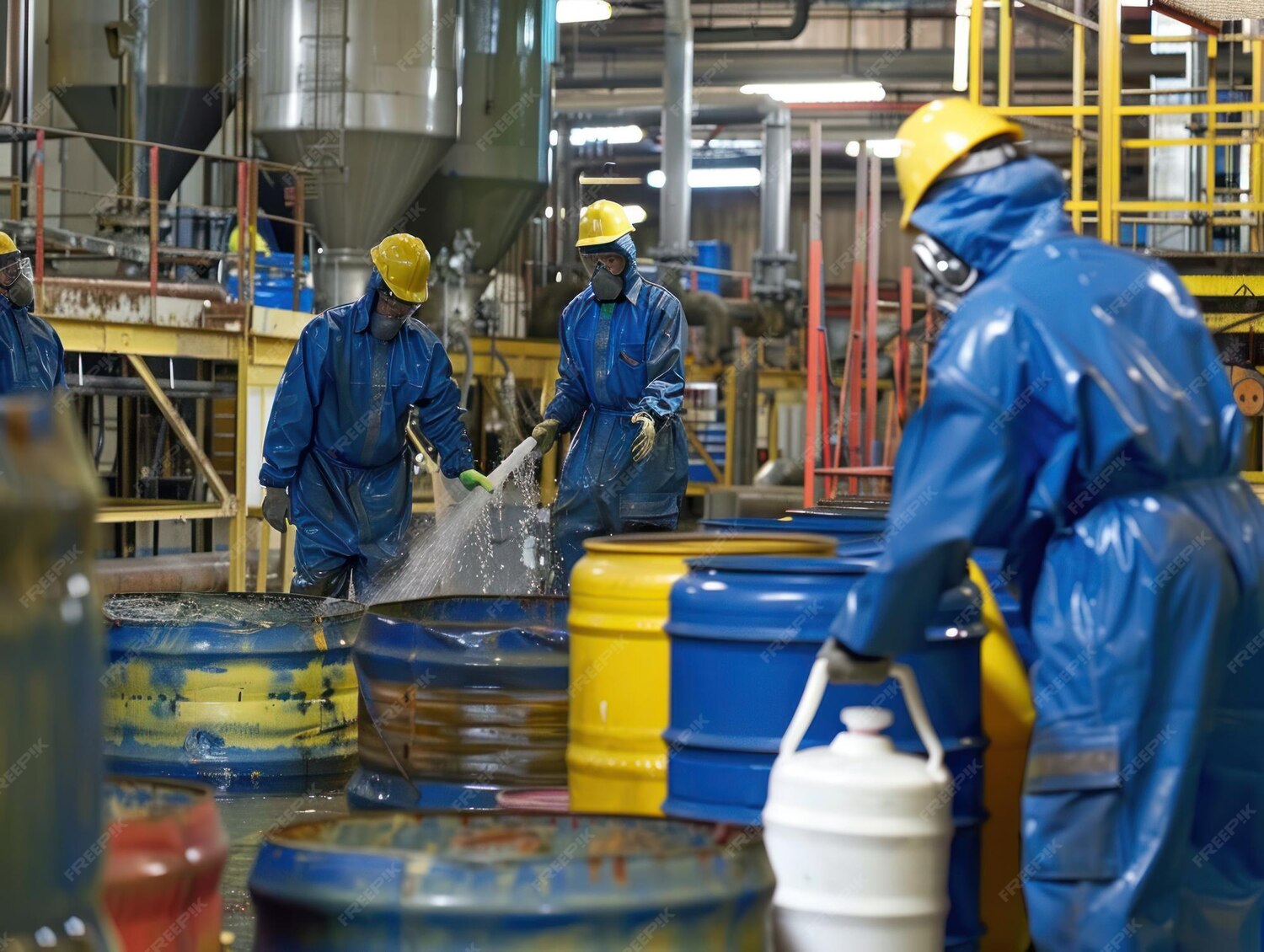 Workers managing industrial solvents